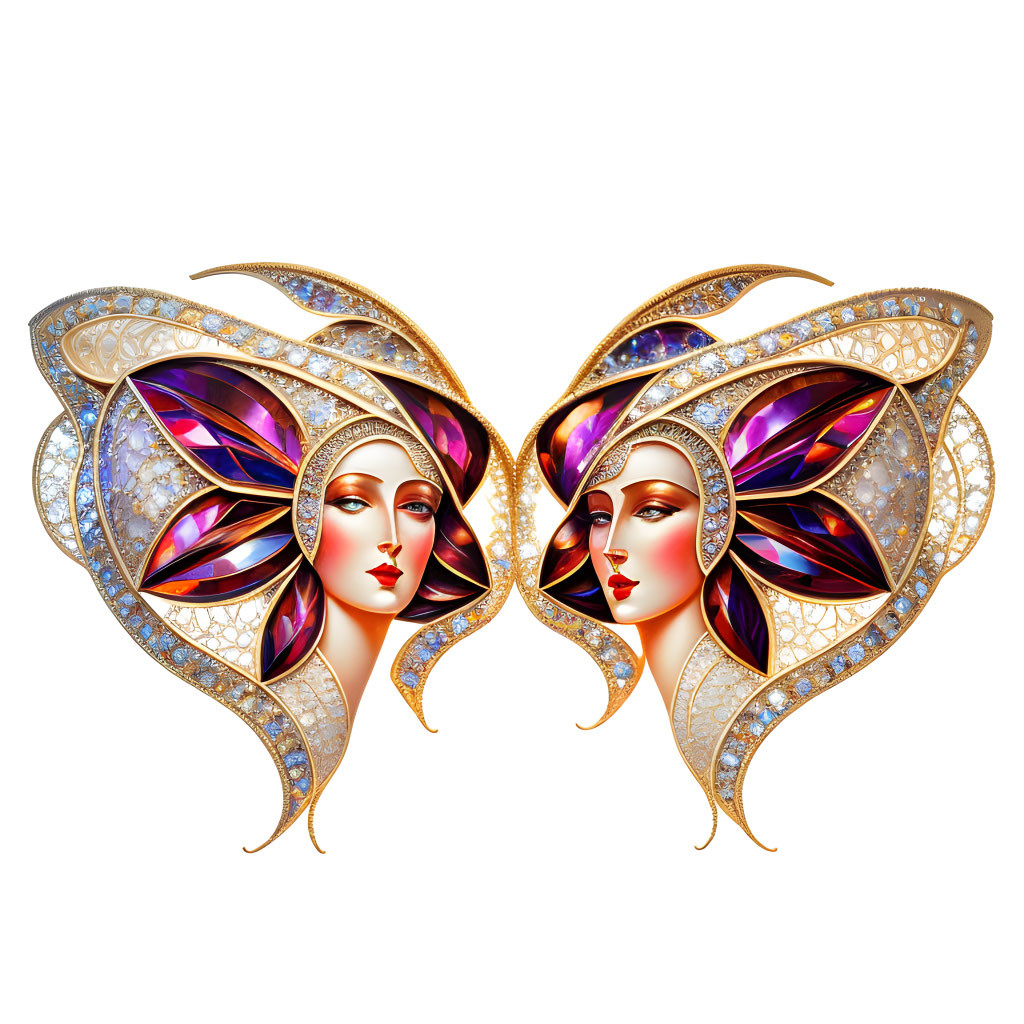 Symmetrical Butterfly-Inspired Women's Faces in Jewel Tones