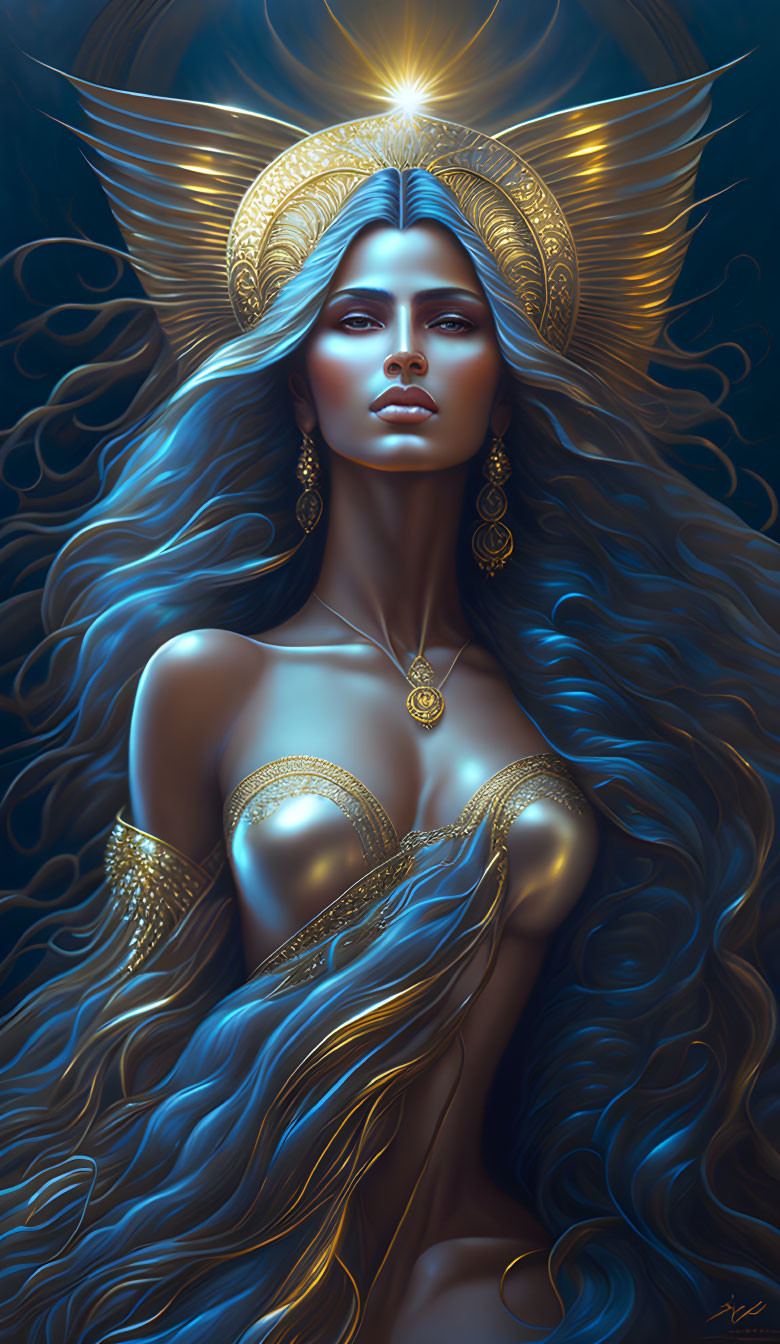 Mystical woman with long blue hair and golden adornments under starry sky