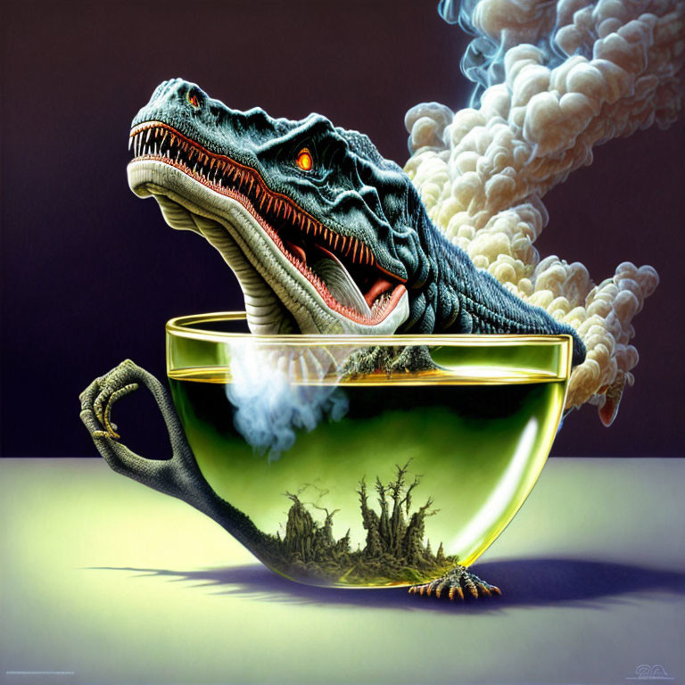 Surreal artwork: Velociraptor head in steaming cup with landscape