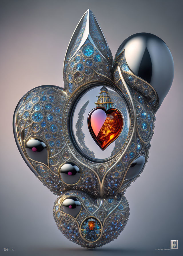 Heart-shaped Pendant with Glowing Red Heart and Jewels on Soft Background