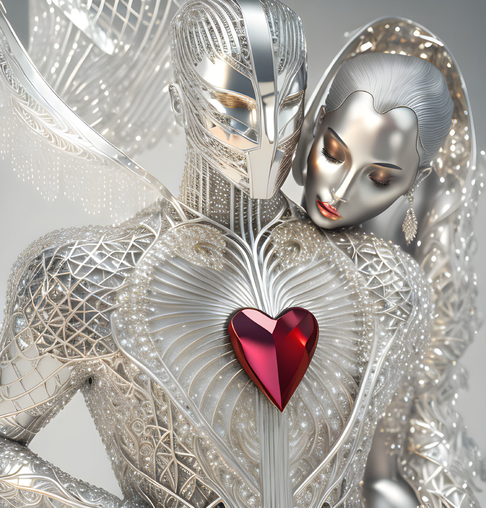 Intricately designed humanoid robots embracing with red heart on chest