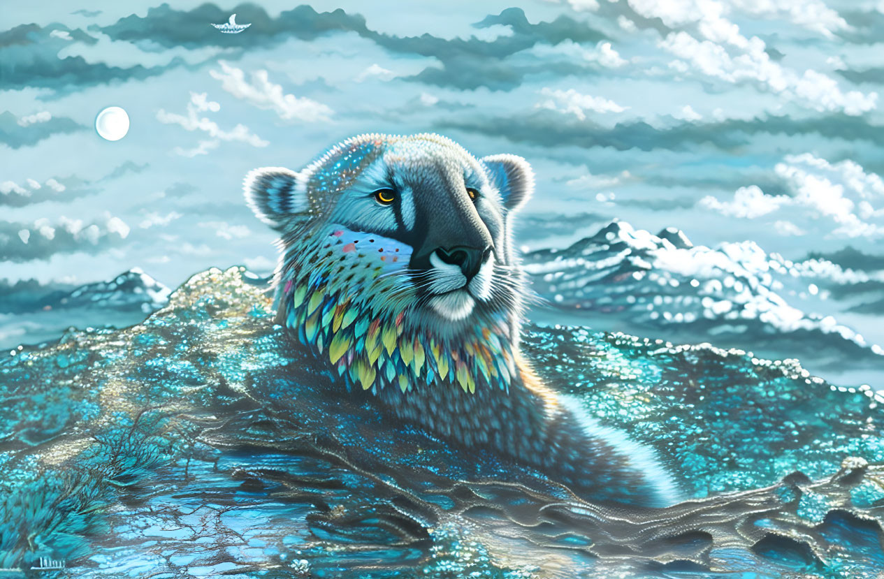 Colorful Stylized Lion Swimming in Water with Mountain Backdrop