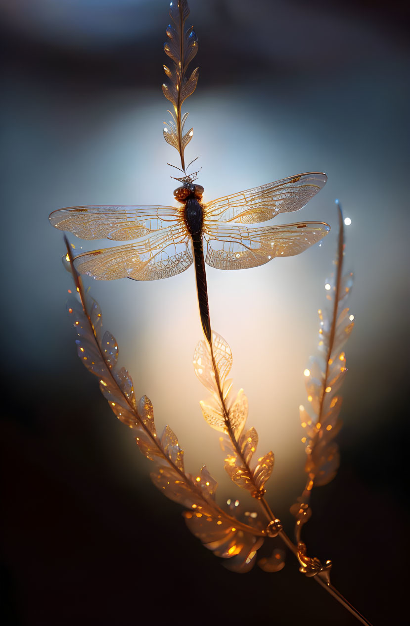 Dragonfly on golden leaf with glowing background