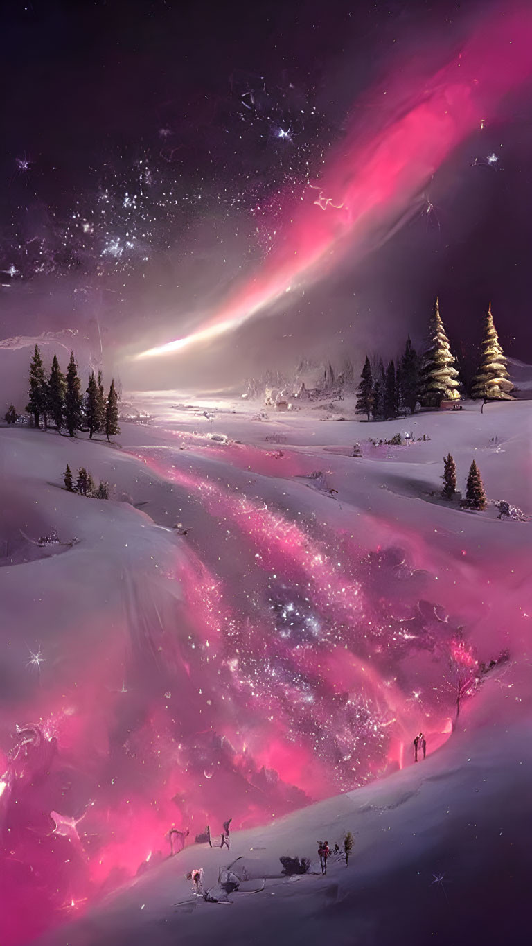 Vibrant pink and purple winter sky with snowy landscape and tiny figures