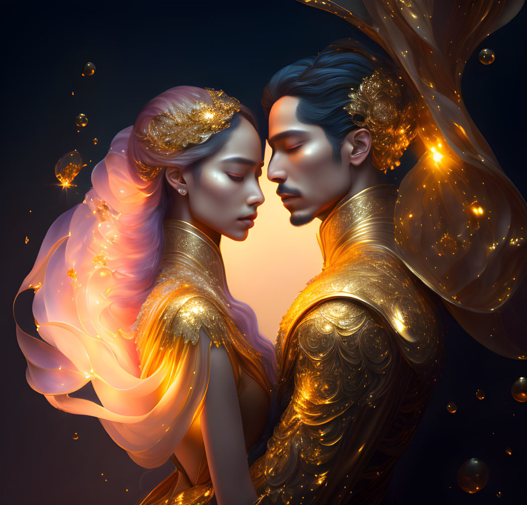 Golden armored man and woman in swirling hair with glowing orbs on dark background