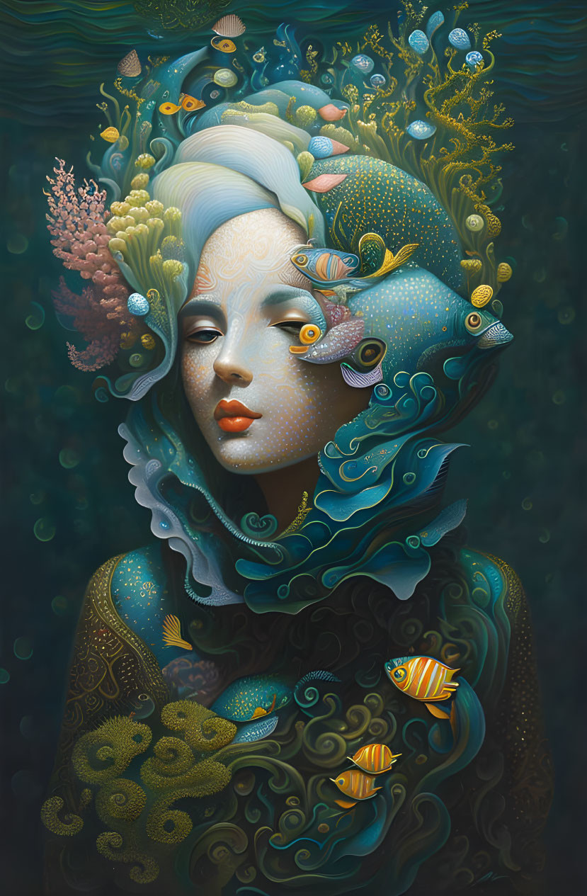 Surreal portrait of woman with aquatic features and marine surroundings