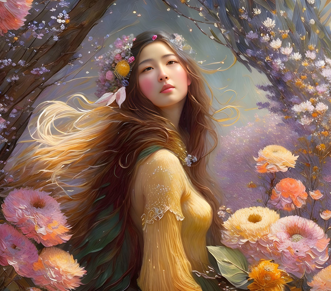 Fantasy illustration: Woman with floral adornments and fur shawl in vibrant flower backdrop