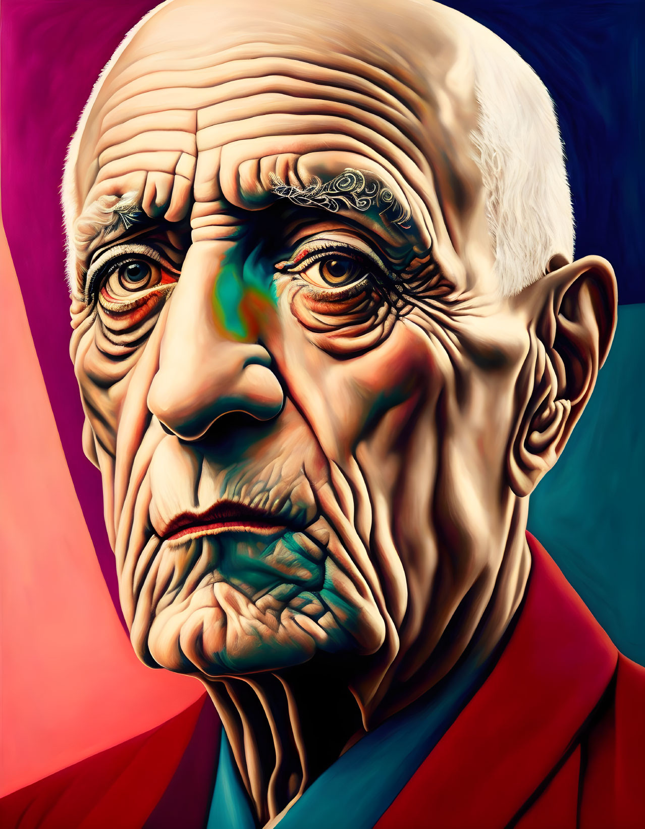 Colorful portrait of elderly man with deep wrinkles on multicolored backdrop