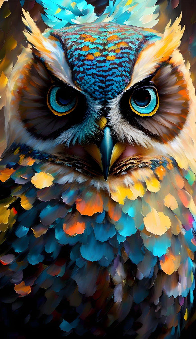 Colorful Owl Portrait with Detailed Feathers and Blue Eyes
