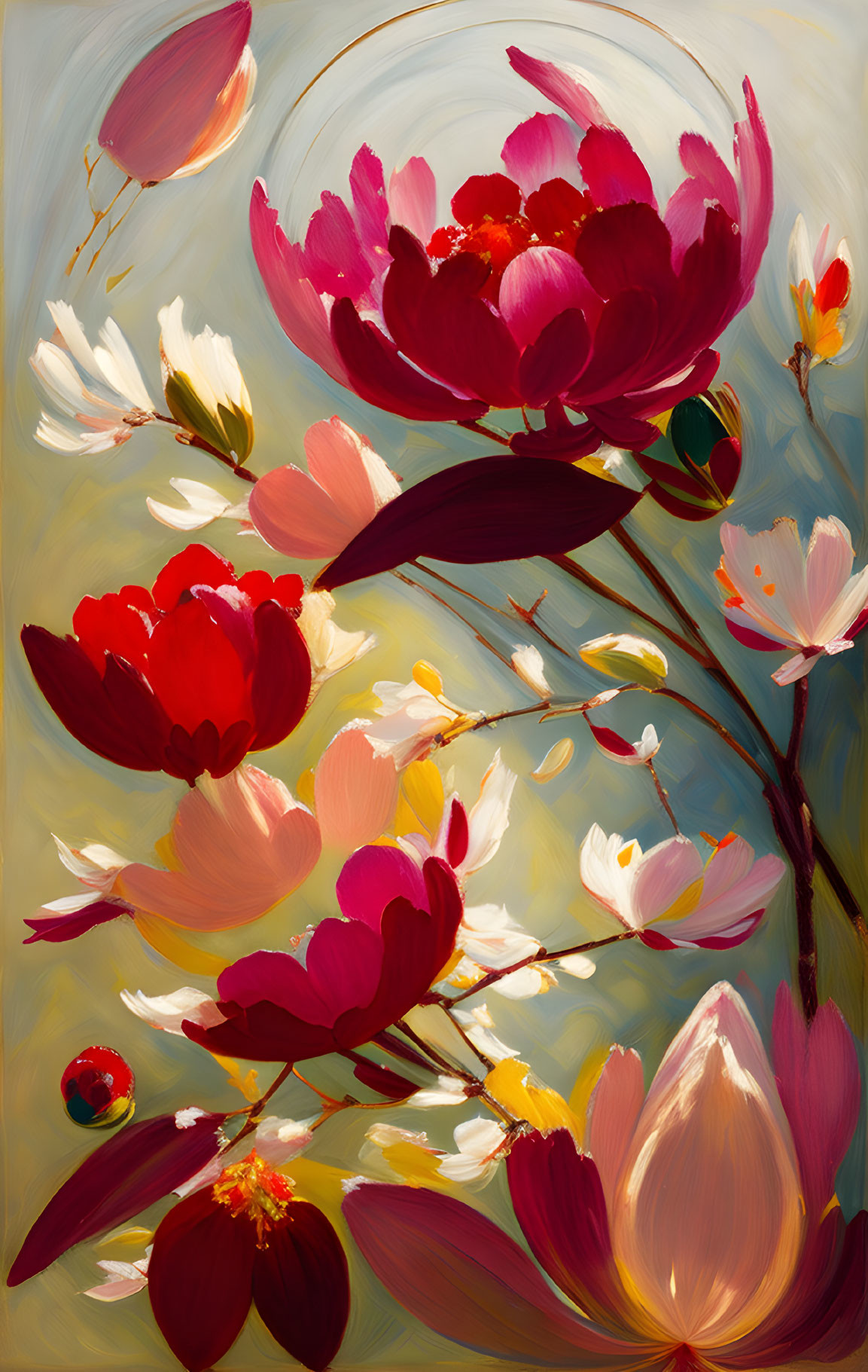 Colorful Stylized Blossoms Painting in Red and Pink