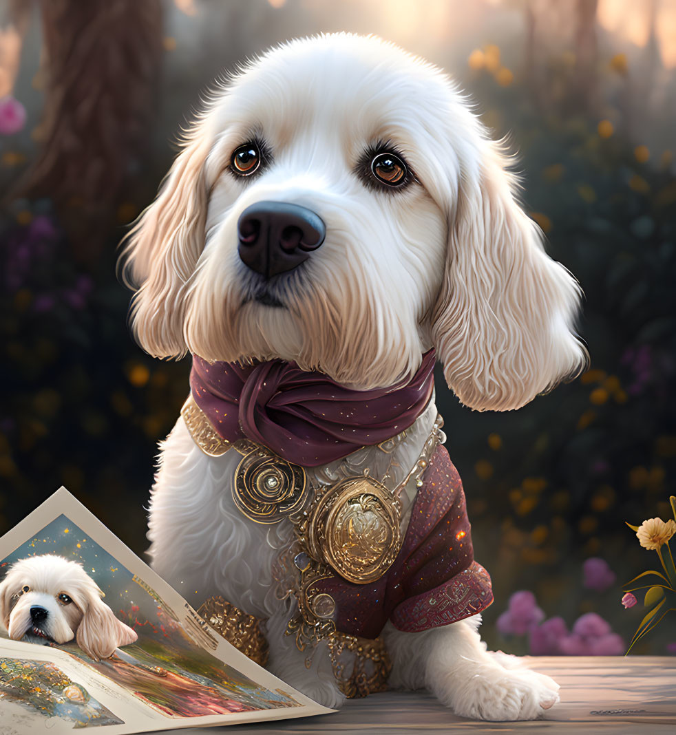 Detailed white dog with purple scarf and golden adornments holding a picture, in flower-filled scene