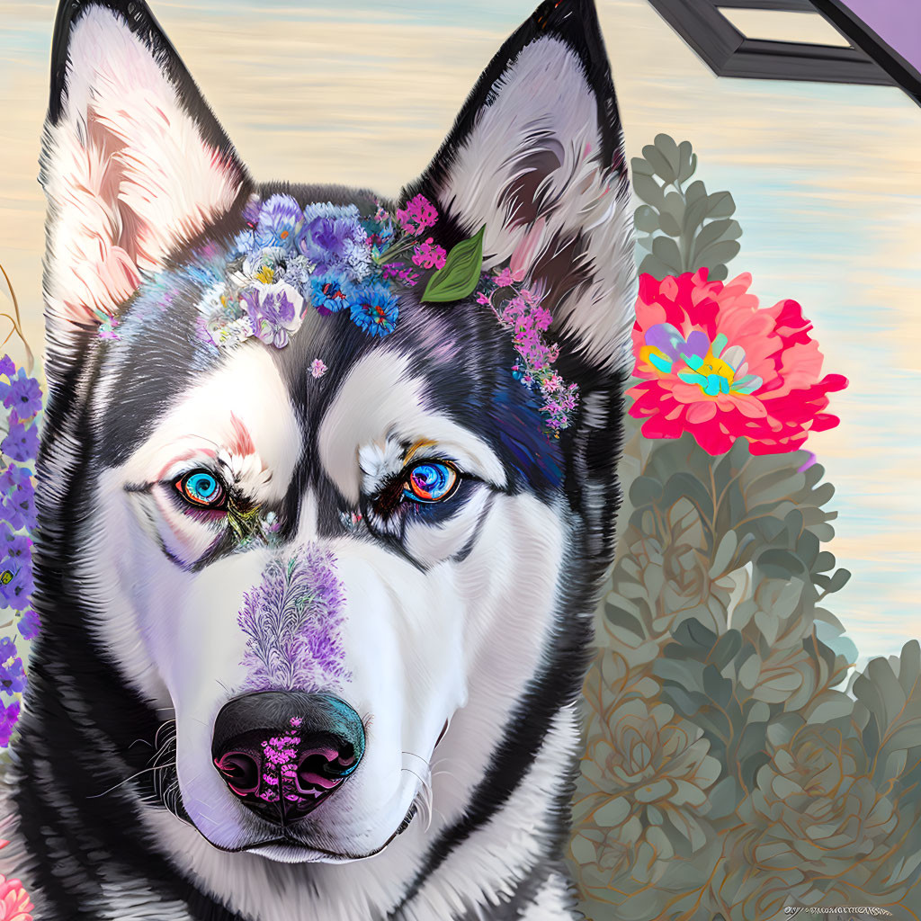 Vibrant Husky Digital Art with Flower Crown & Floral Background