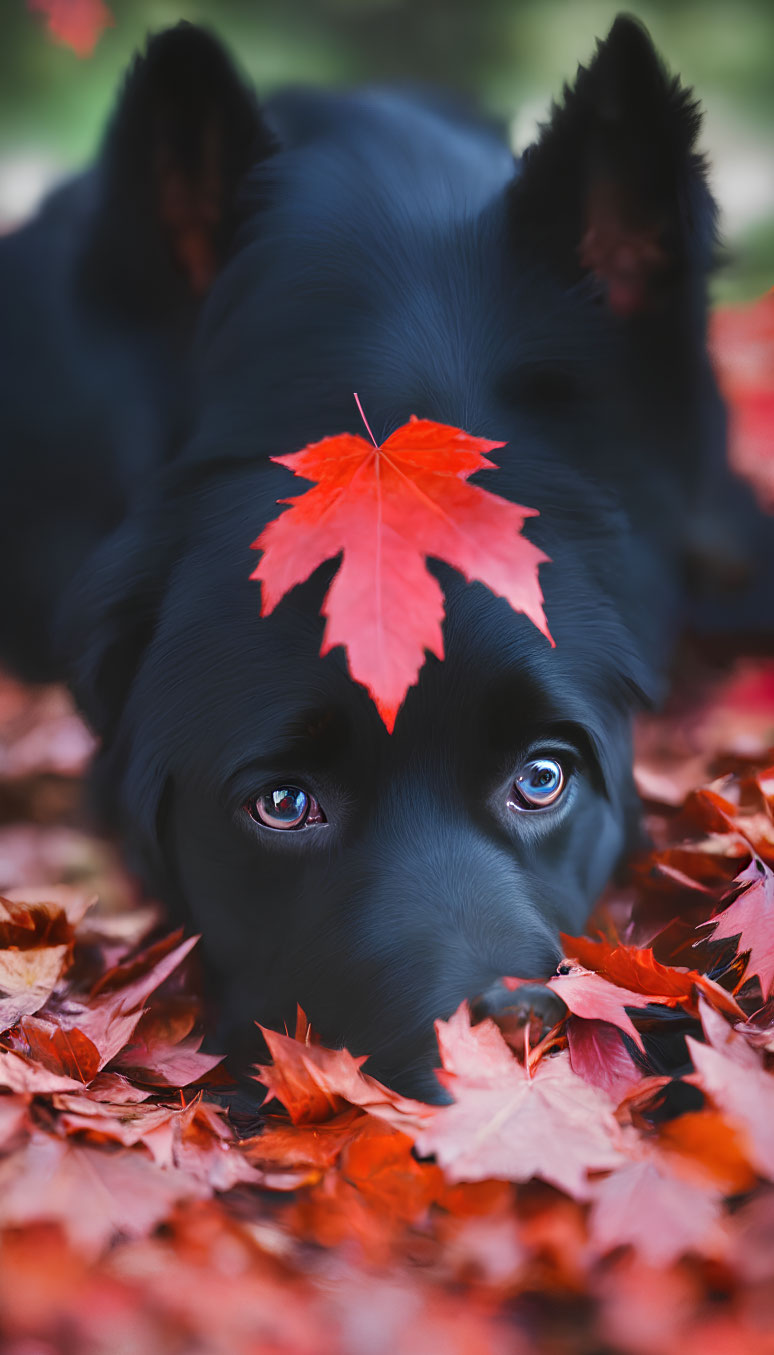 Black Dog with Blue Eyes Resting on Red Autumn Leaves with Maple Leaf