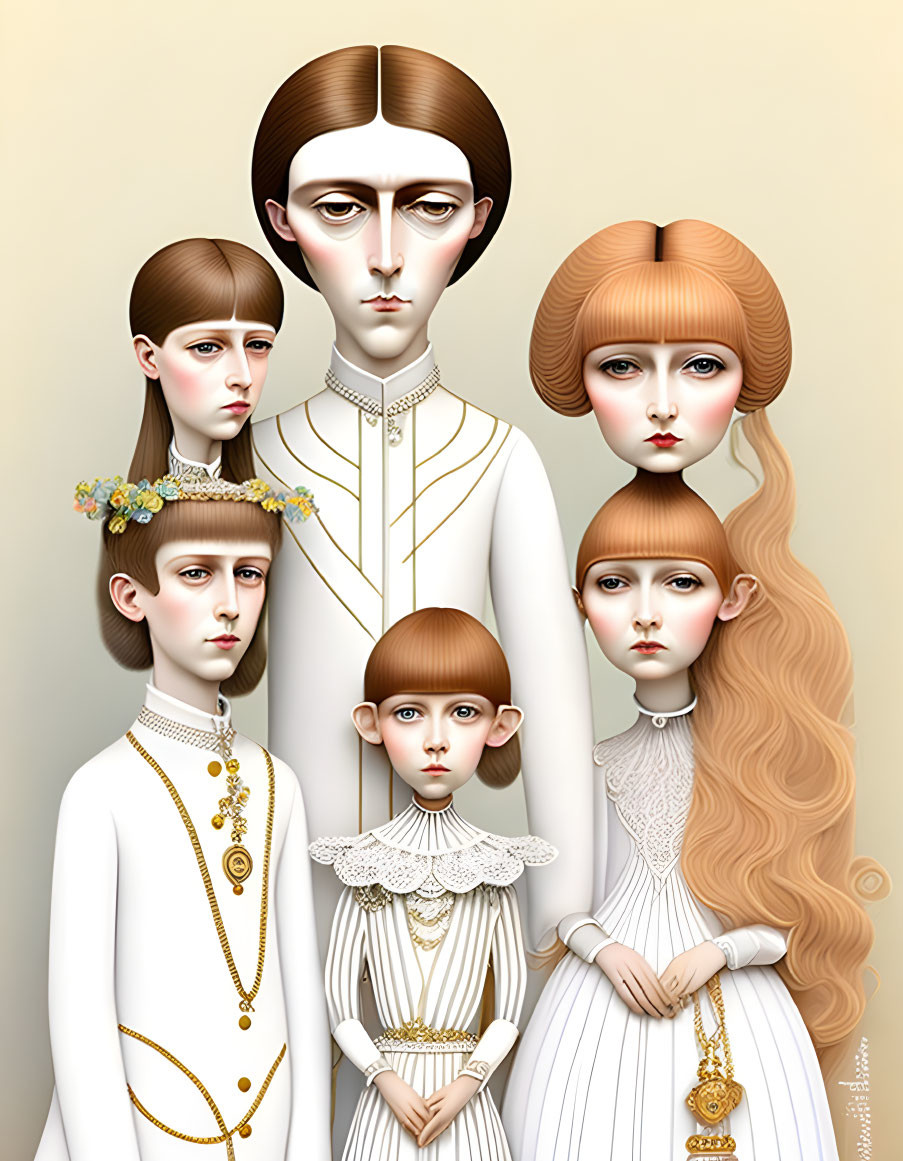Stylized Victorian figures with elongated features in ethereal expressions