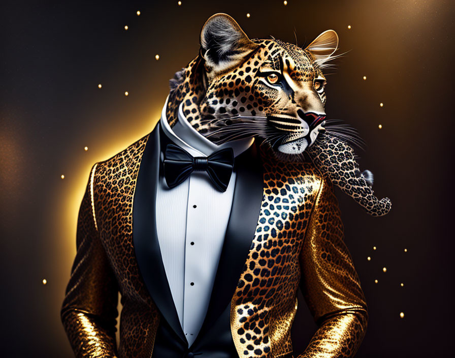 Anthropomorphic leopard in tuxedo with bow tie on dark background with golden sparkles
