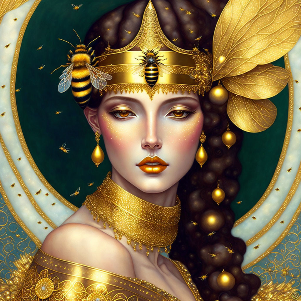 Stylized portrait of woman with golden bee-themed jewelry on green backdrop