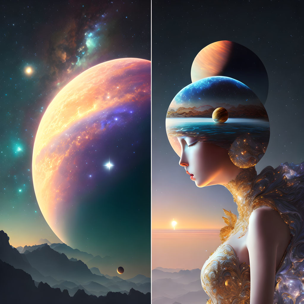 Split-image Artwork: Cosmic Landscape & Woman with Planetary Headpiece