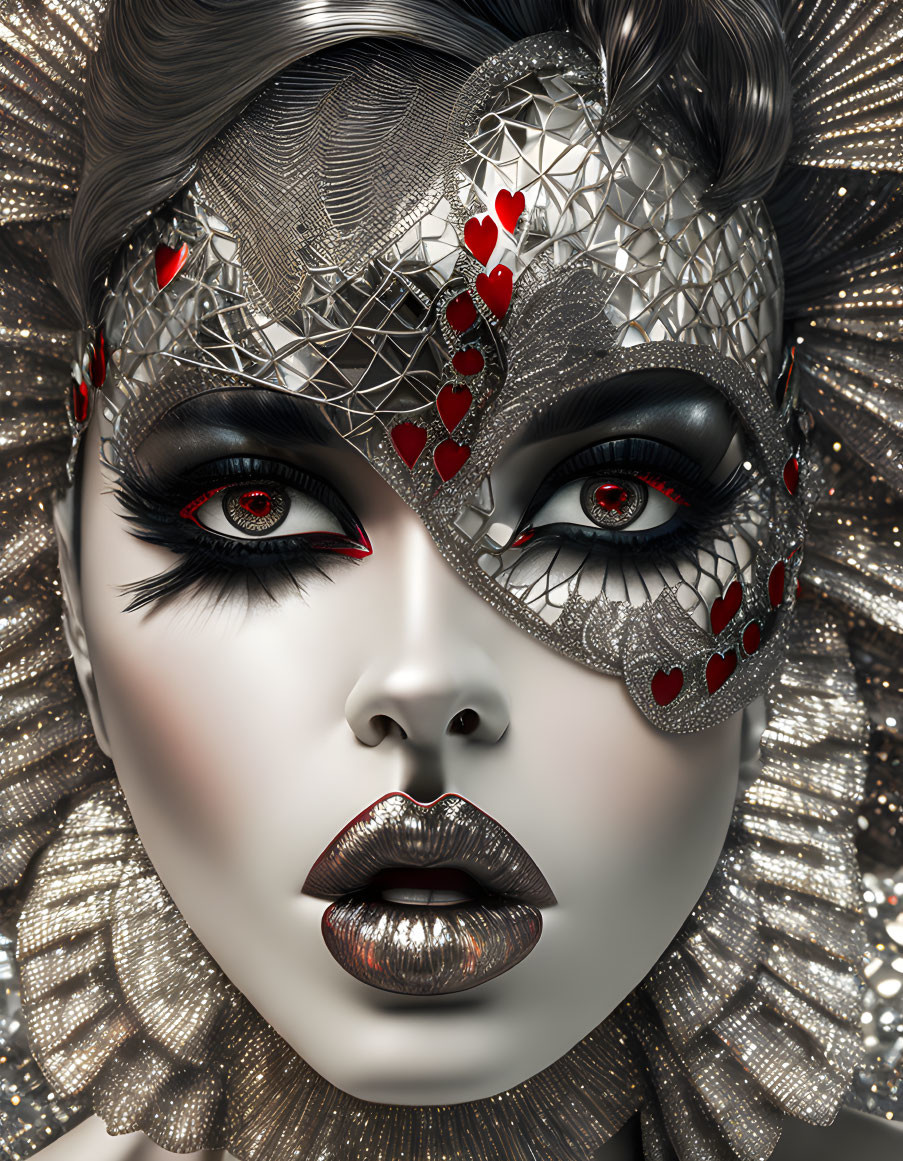 Digital artwork featuring woman with metallic skin and silver heart-patterned mask.