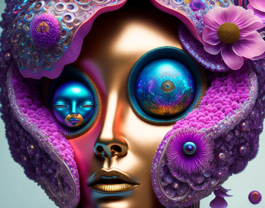 Vibrant surreal digital art portrait with enlarged eyes and floral textures