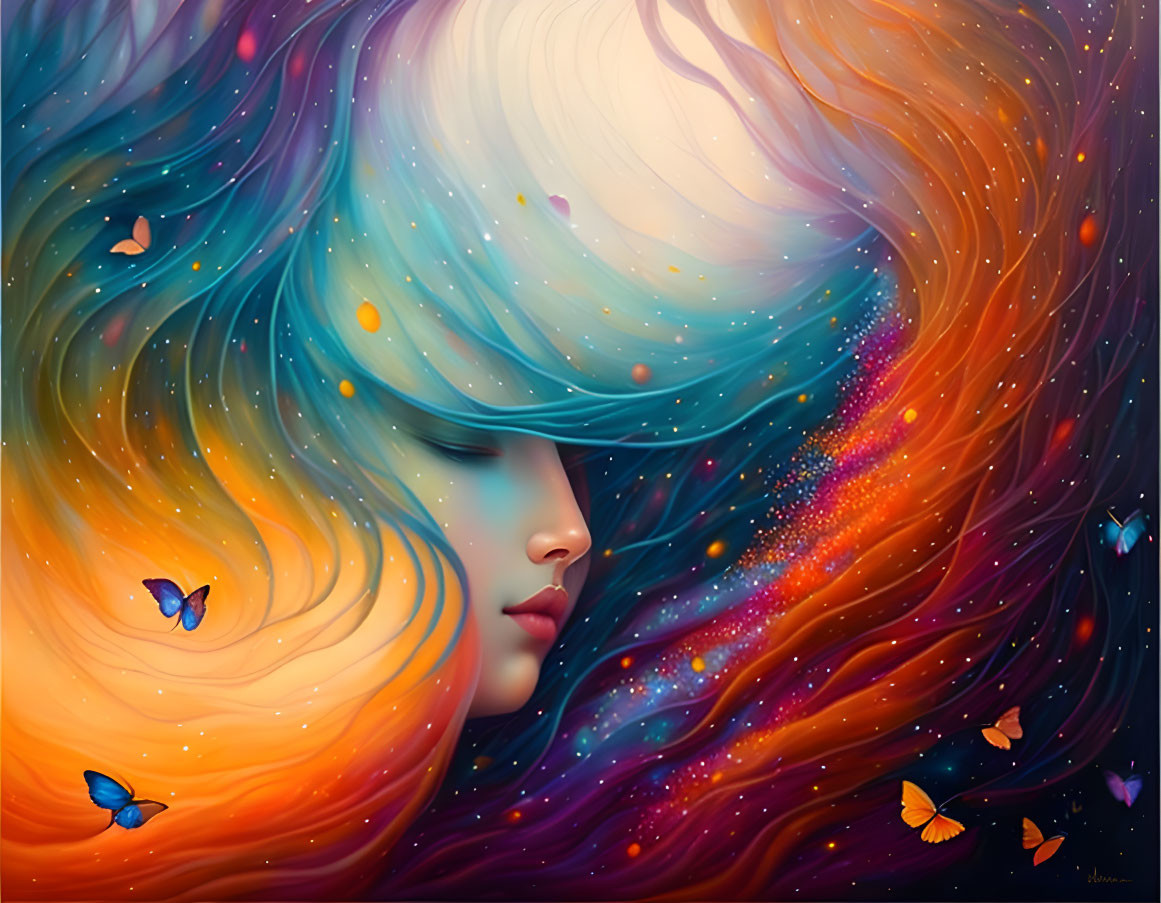 Vibrant digital artwork: woman's profile with flowing colorful hair