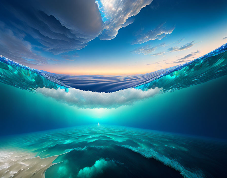 Surreal image: Inverted ocean and sky meet with central glowing light.