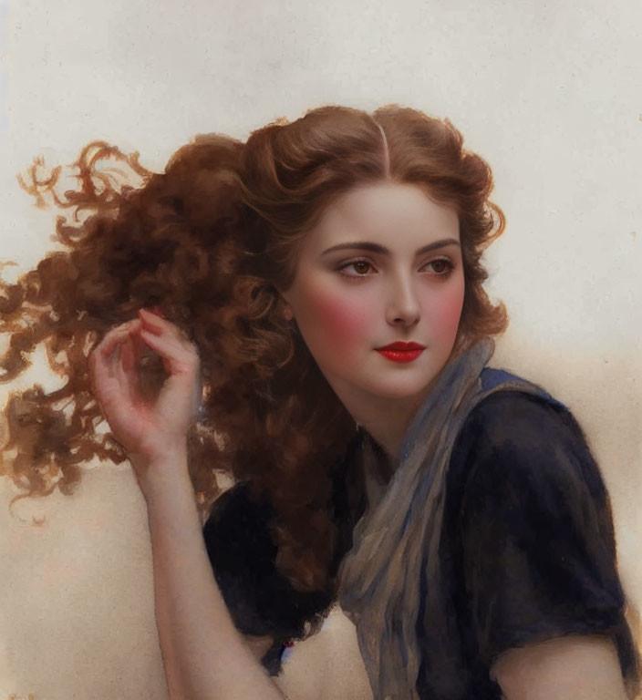Portrait of Woman with Curly Auburn Hair and Rosy Cheeks in Navy Blue Shawl