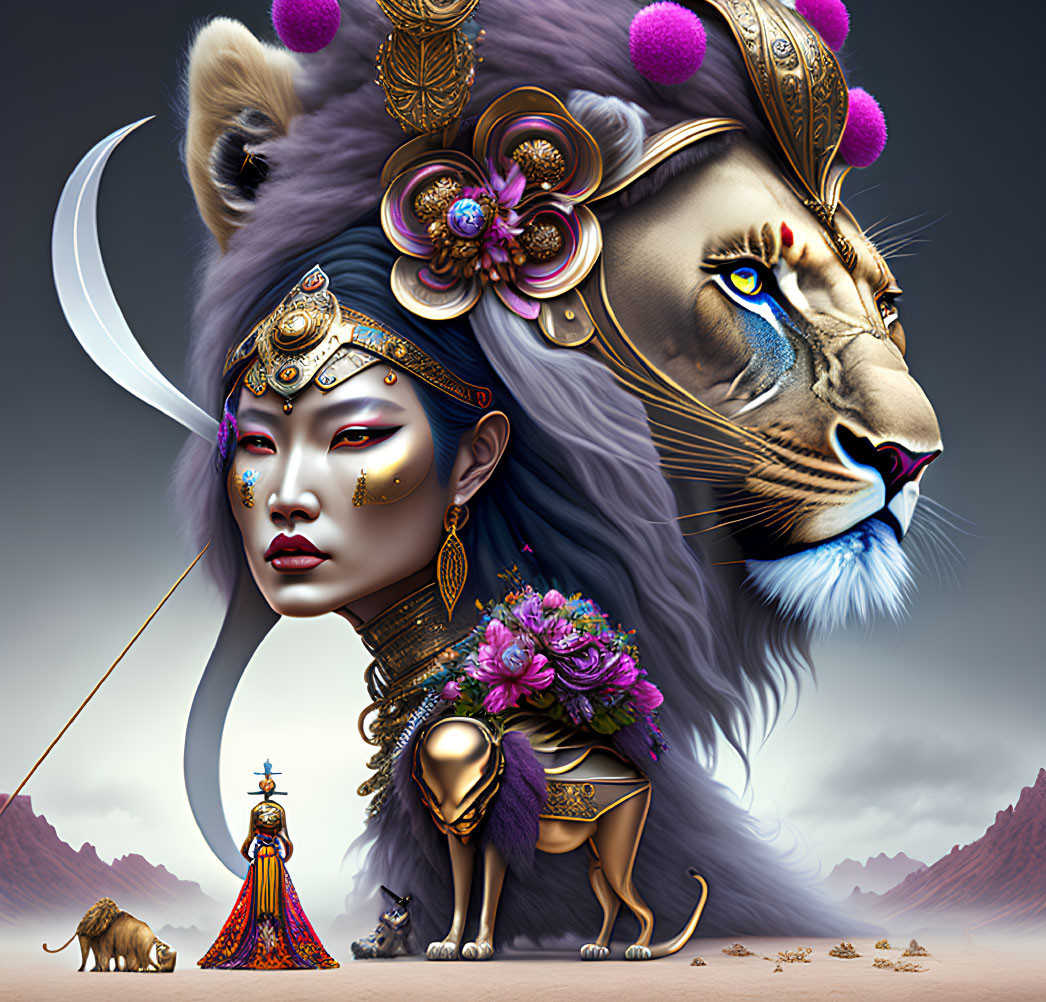 Fantastical illustration: Woman with lion features, ornate headdress, crescent moon, tiny