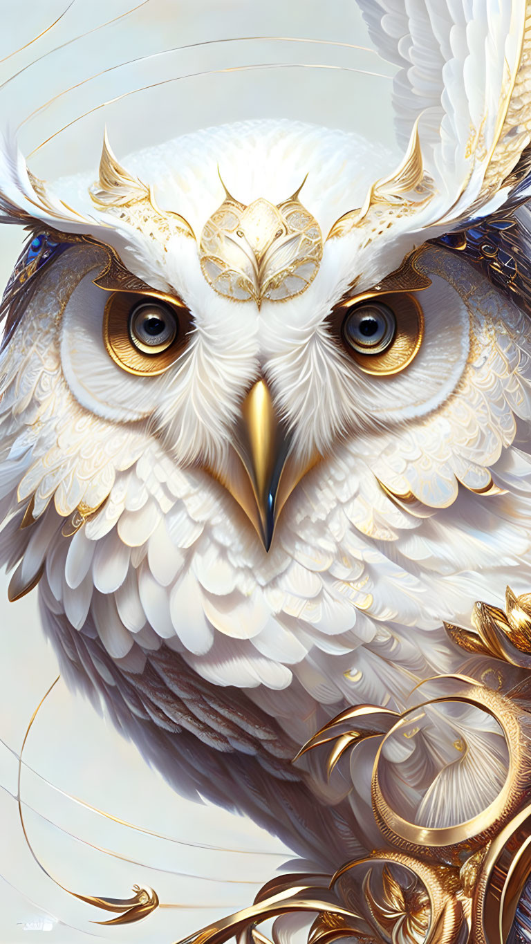Detailed white owl illustration with golden ornate embellishments.