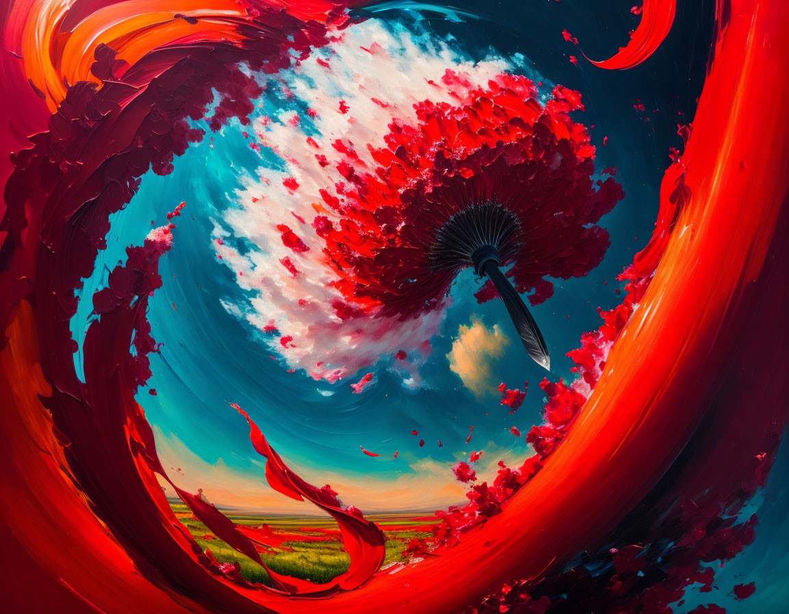 Colorful swirling portal over surreal landscape under dynamic sky