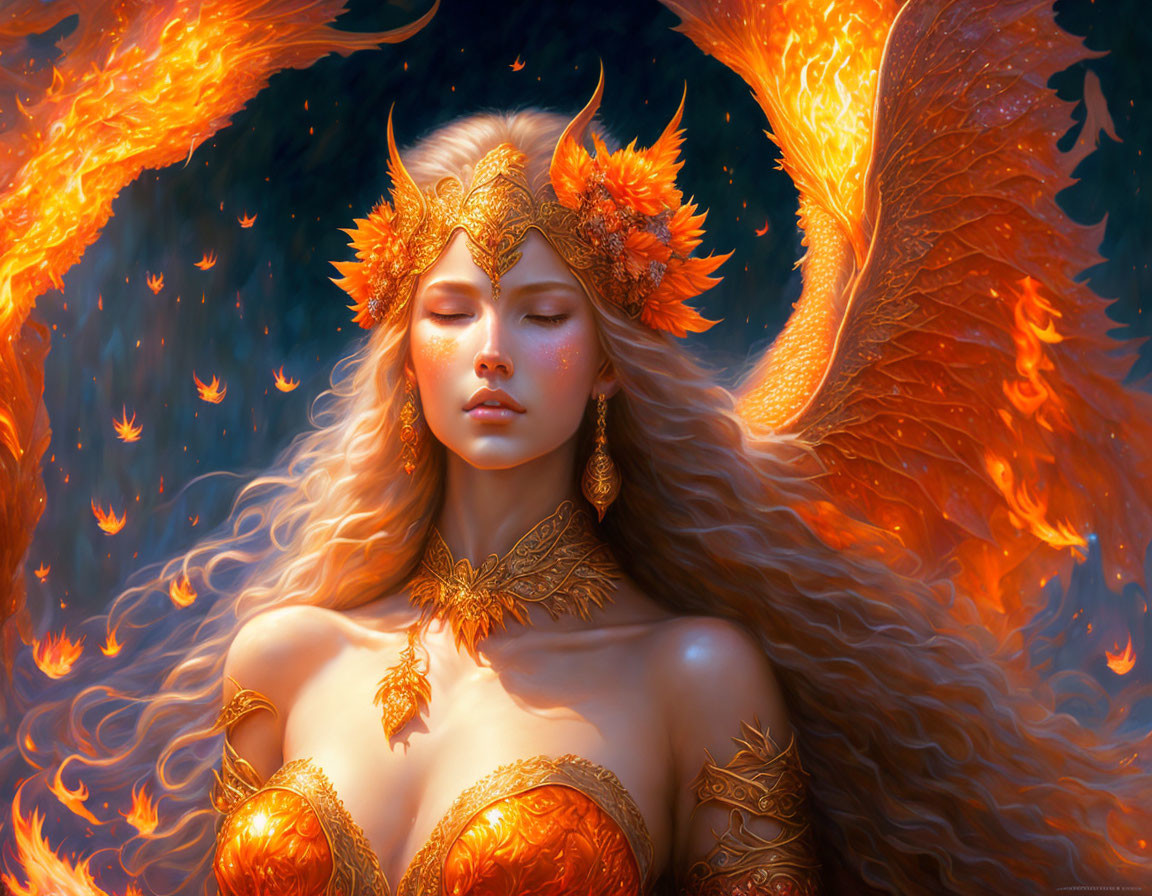 Fantasy illustration of woman with fiery wings and golden headdress