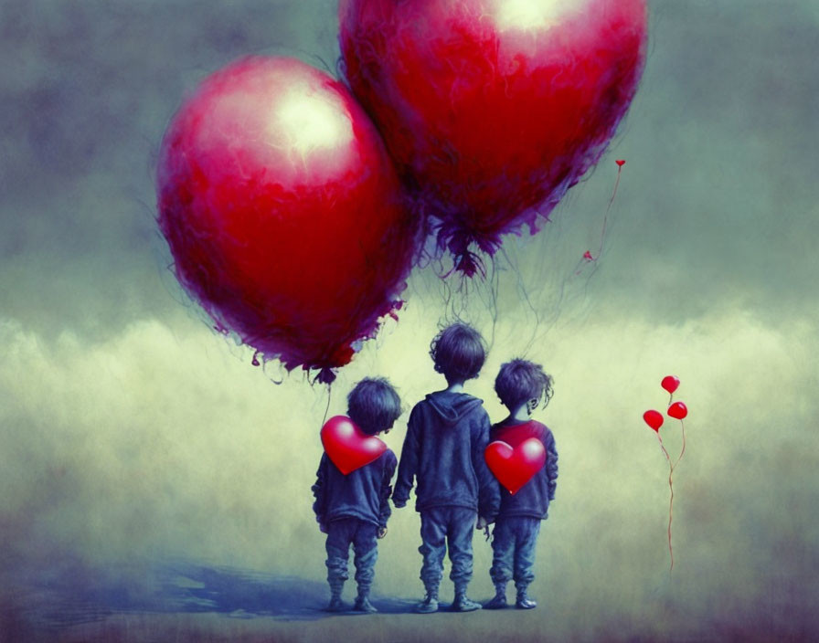 Children holding heart-shaped balloons in misty grey backdrop