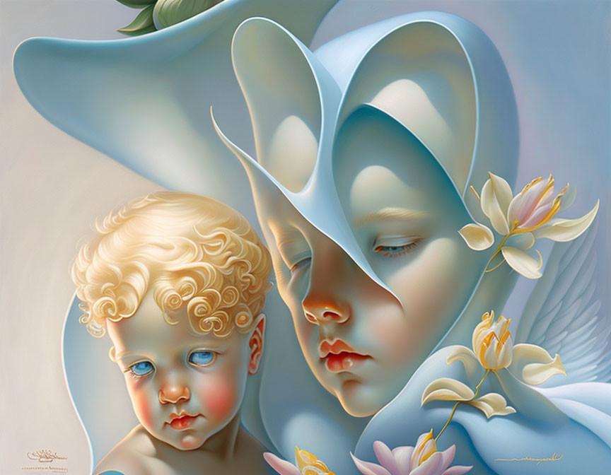 Surreal Painting: Woman and Child in Large Hat with Cherubic Features and Soft Pastel T