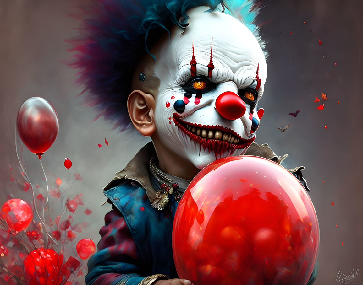 Sinister clown with white makeup and red balloon on moody background