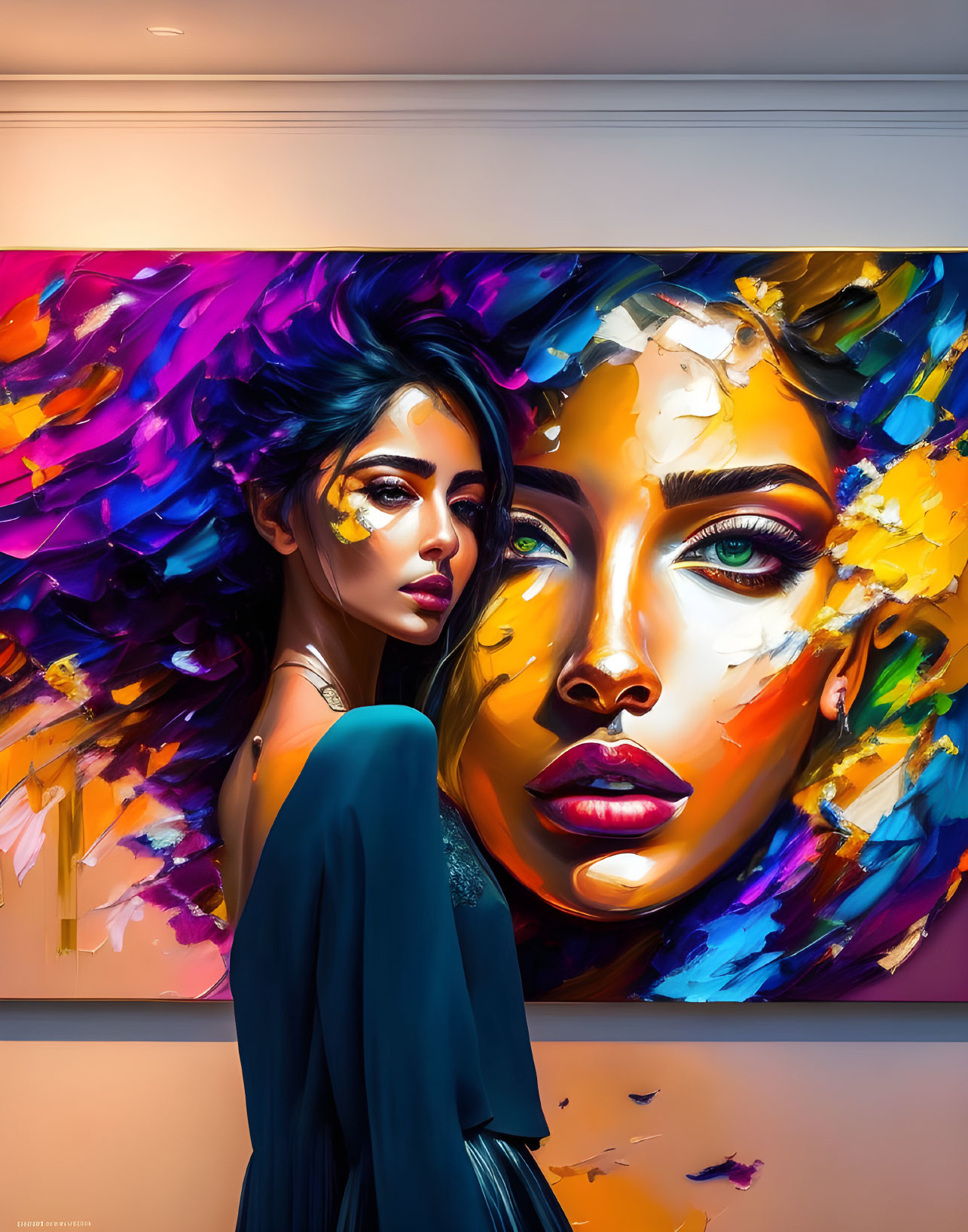 Colorful Abstract Portrait of a Woman Standing Before Vibrant Face Art