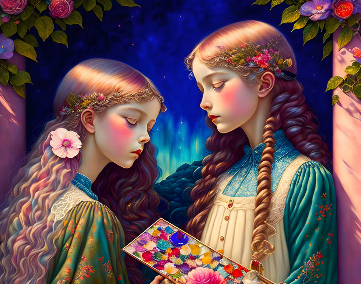 Two girls in teal dresses with floral crowns and braided hair in a magical forest setting.