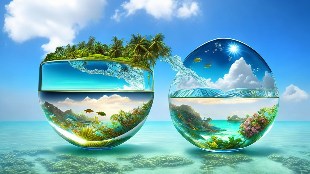 Glass spheres with mini ecosystems connected by water, under blue sky.