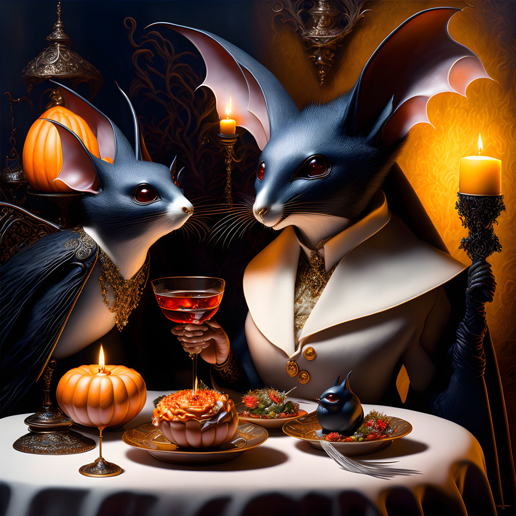 Anthropomorphic bats in elegant attire toasting at a dinner table with pumpkin and candle in gothic