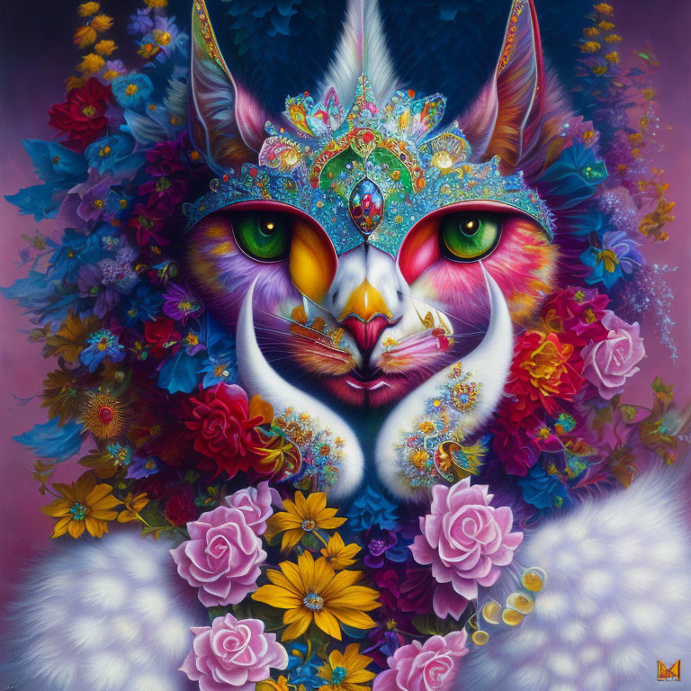 Colorful Cat Painting with Floral Crown and Vibrant Background