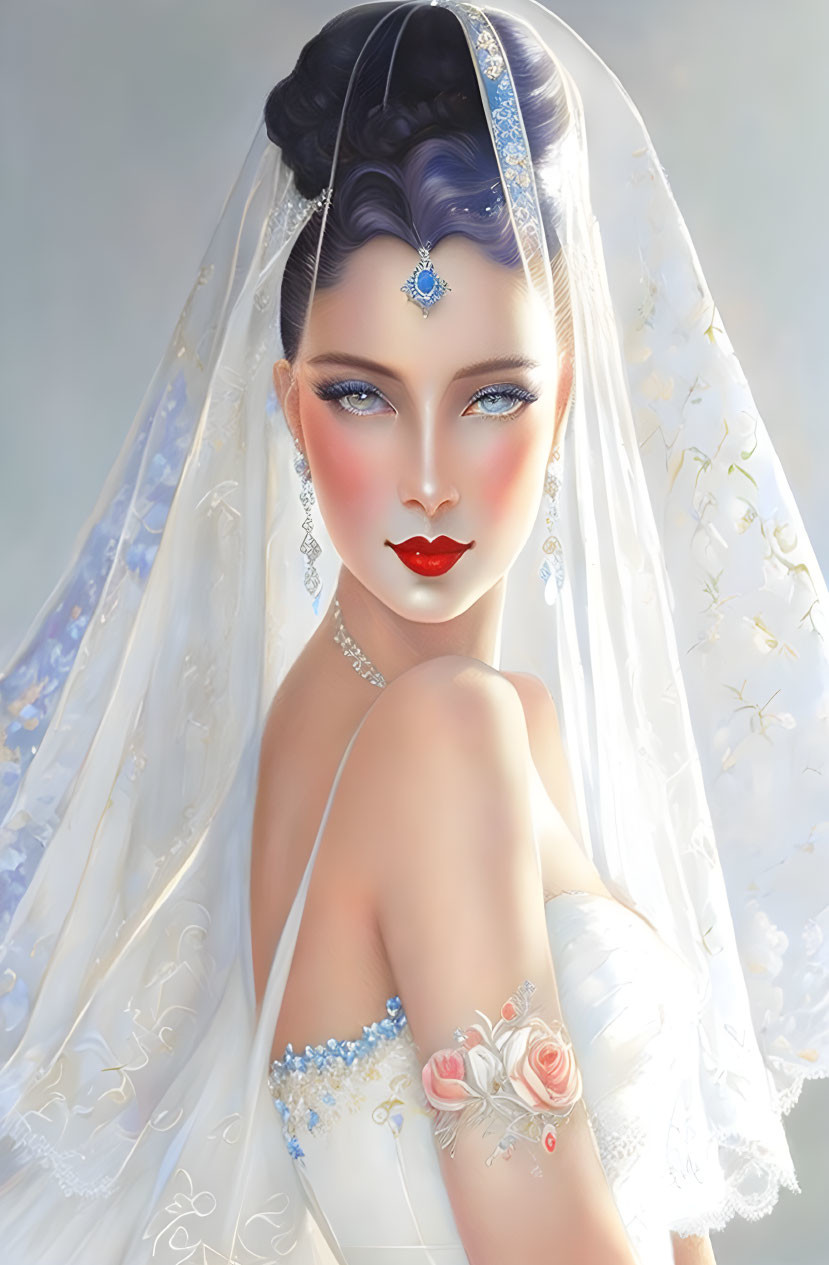 Bride illustration with bejeweled headpiece and butterfly-adorned veil