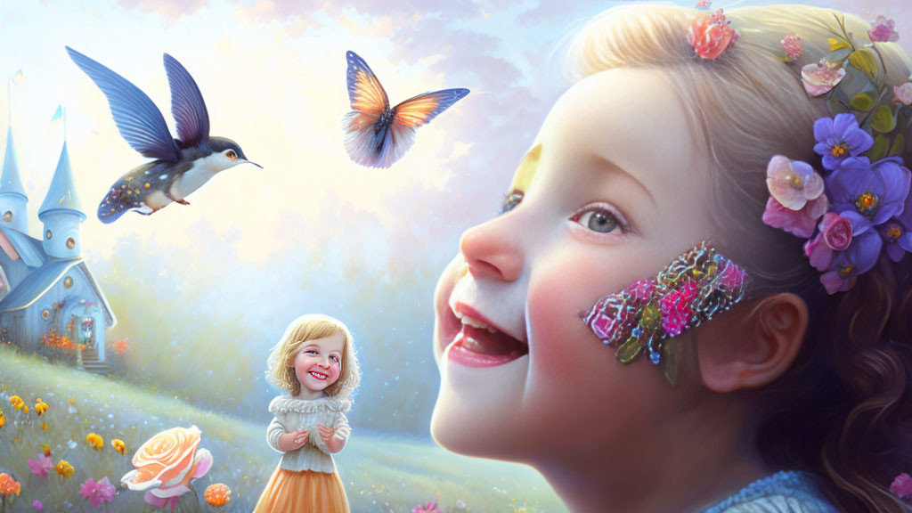 Girl with floral hair decor watching bird and butterflies in whimsical village scene.