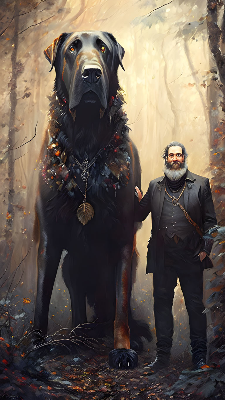 Decorated giant black dog with bearded man in autumn forest