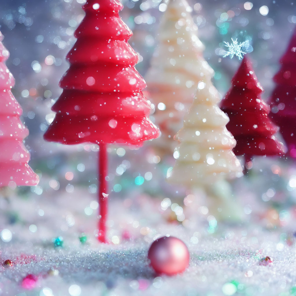 Vibrant miniature Christmas trees in snowy scene with fallen bauble