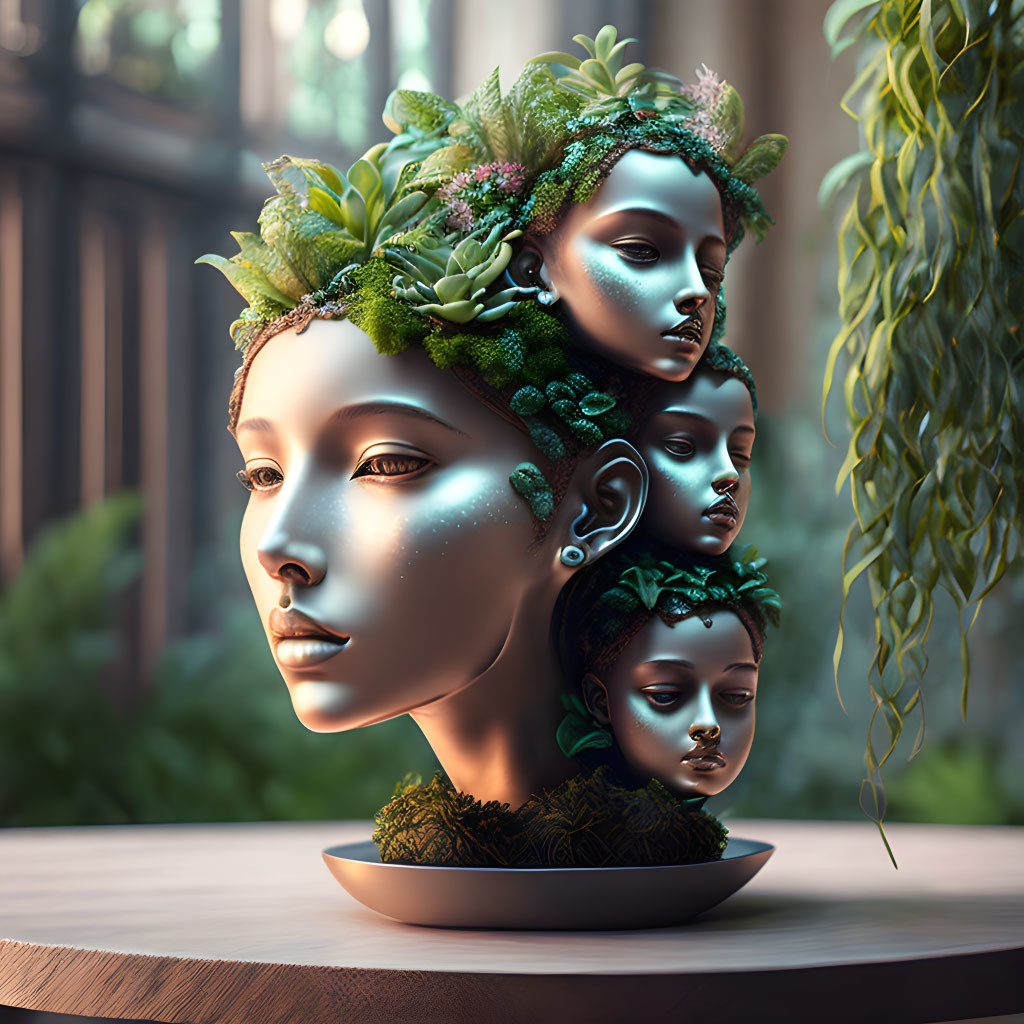 Layered sculpture with serene faces in teal to black gradient, adorned with plants on saucer