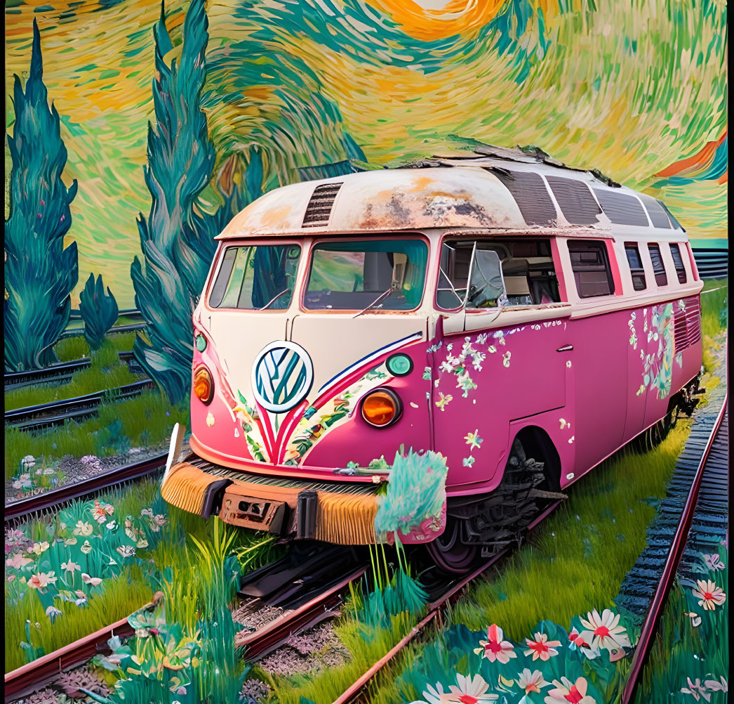 Vintage Pink VW Bus with Floral Patterns on Train Tracks in Van Gogh-inspired Starry Night Scene