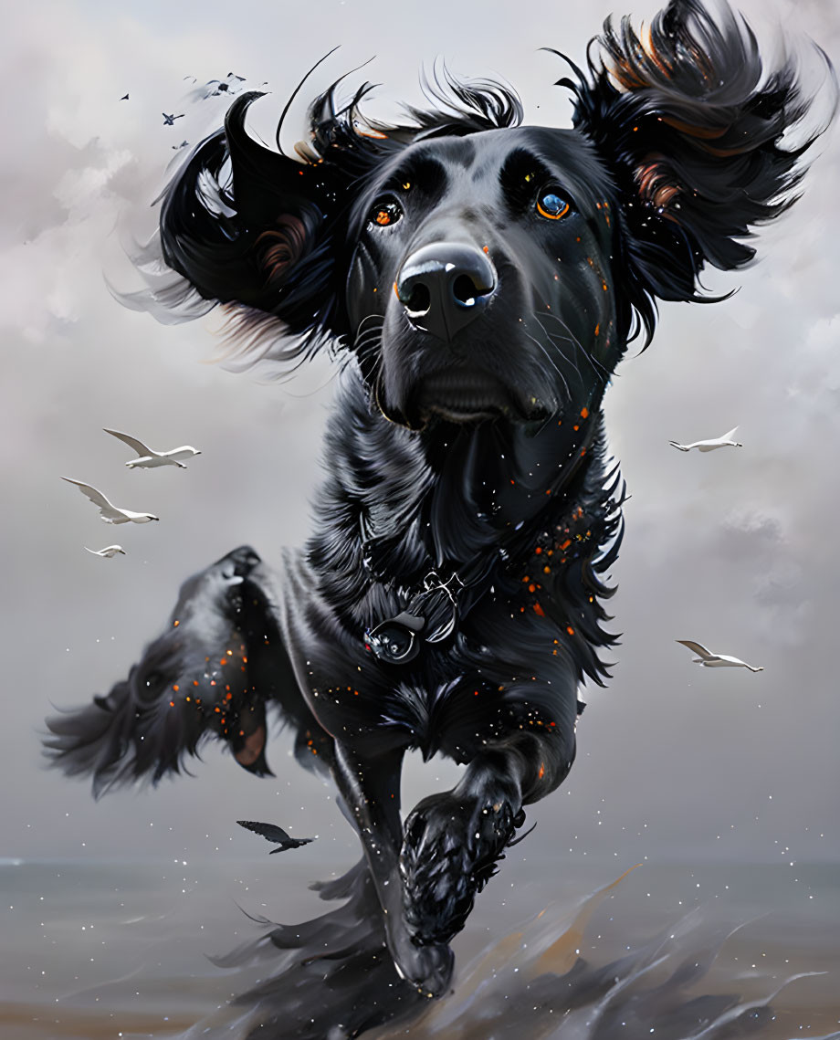 Glowing black dog in mid-air with orange accents, cloudy sky backdrop