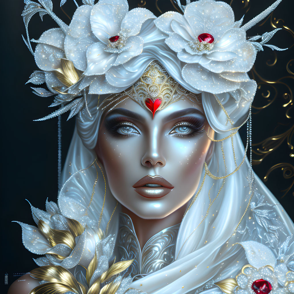 Detailed illustration of woman with white and gold floral headpiece, striking makeup, jewels, and mystical aura