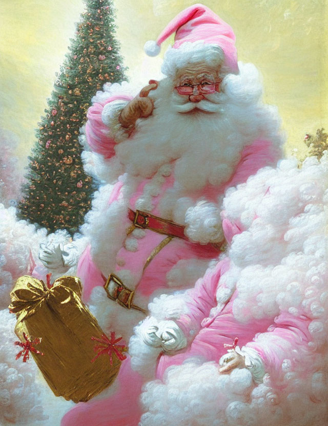 Traditional Santa Claus in pink suit with white beard and gift, signaling shush