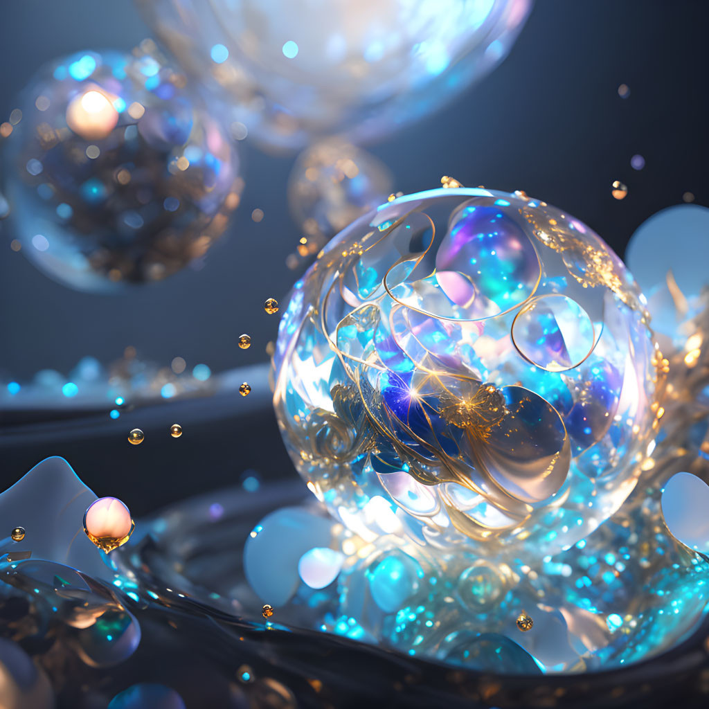 Intricate Swirls and Glowing Lights in Transparent Bubbles