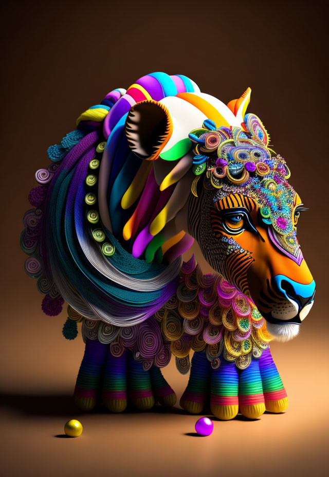Colorful Stylized Lion Artwork with Elaborate Patterns