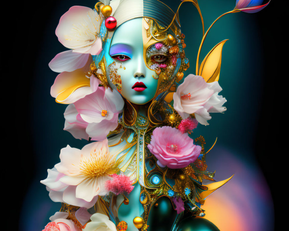 Colorful digital artwork featuring stylized female figure with floral, feather, and golden jewelry details on dark